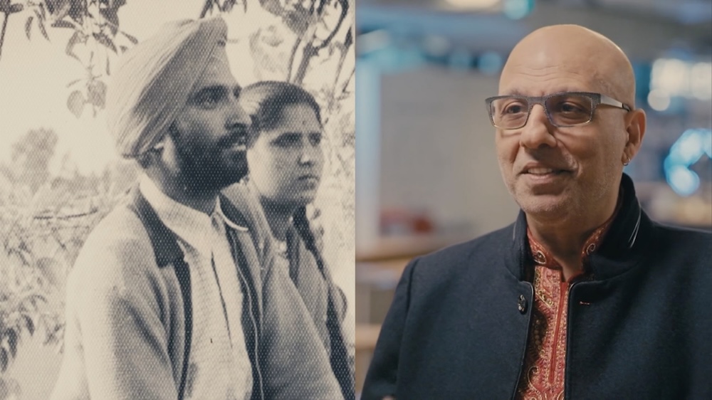 Himmat Singh Shinhat being interviewed by Sophie Fouron for TV5's Chassés croisés series, April 2023